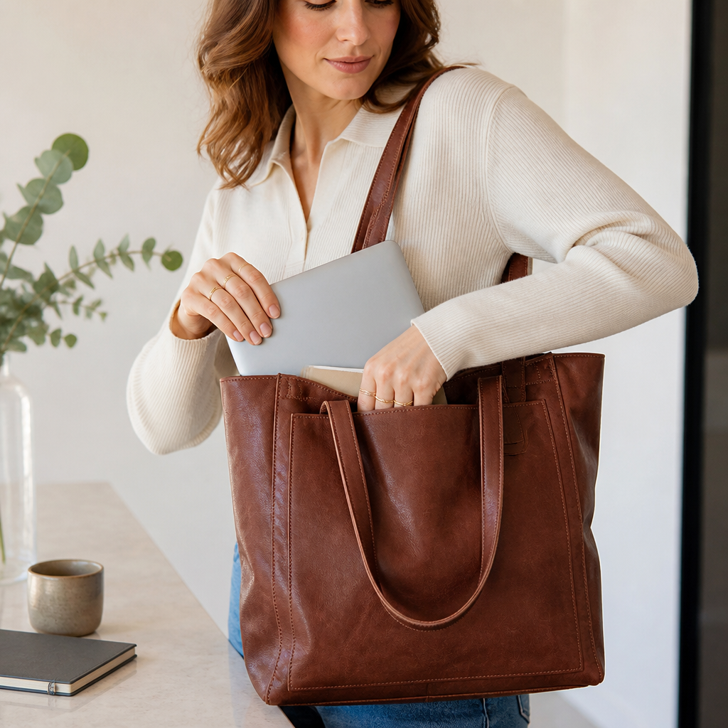 Tote Bag Vegan Leather Spacious Interior & Organized Compartments