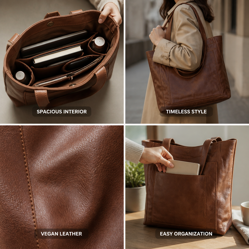 Tote Bag Vegan Leather Spacious Interior & Organized Compartments