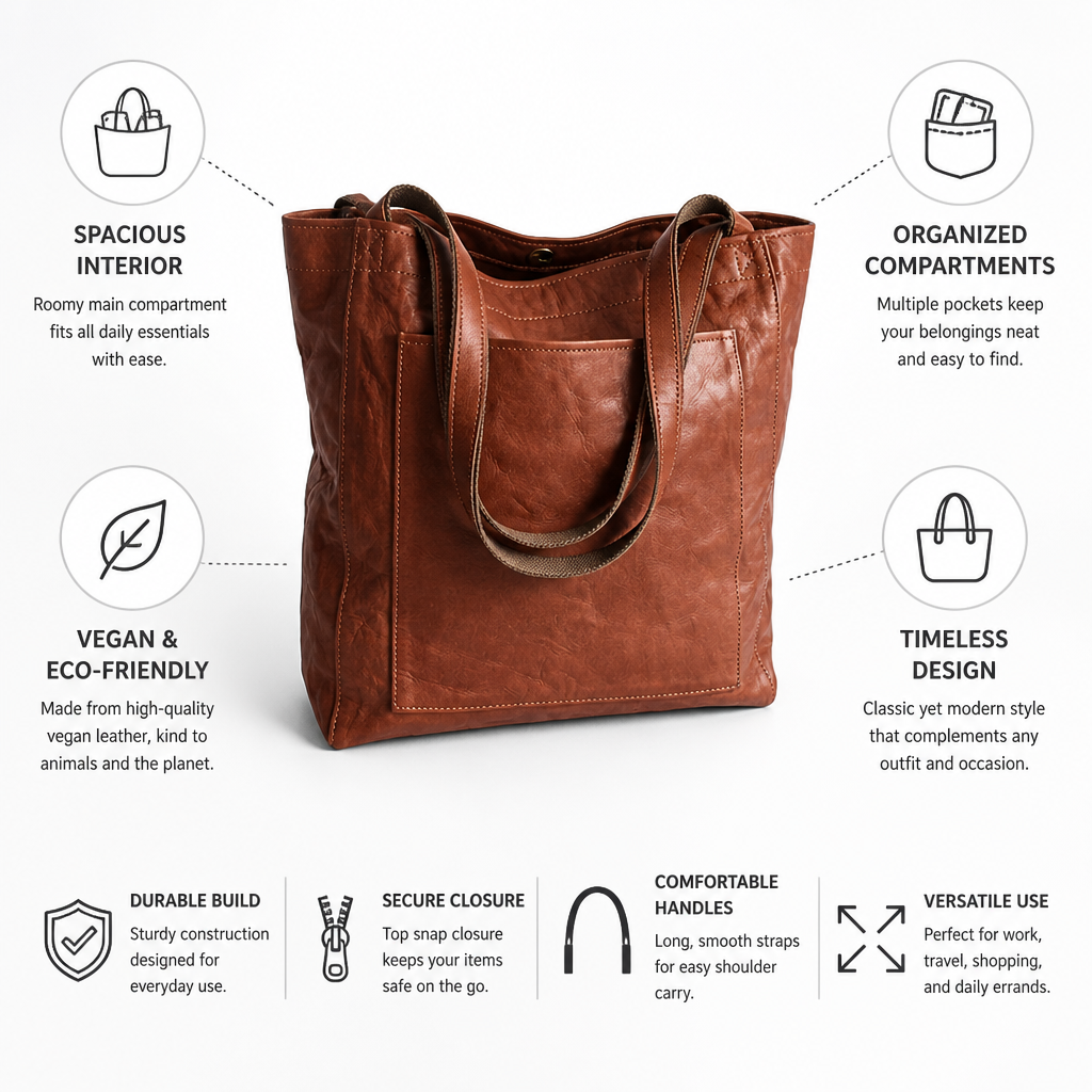 Tote Bag Vegan Leather Spacious Interior & Organized Compartments