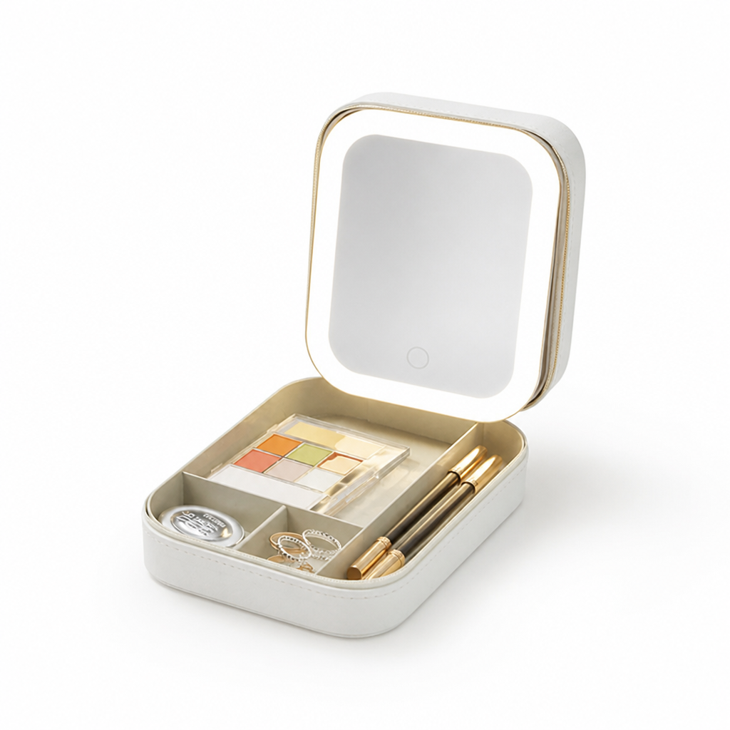 Travel Makeup Case Adjustable LED Mirror Multiple Compartments Waterproof