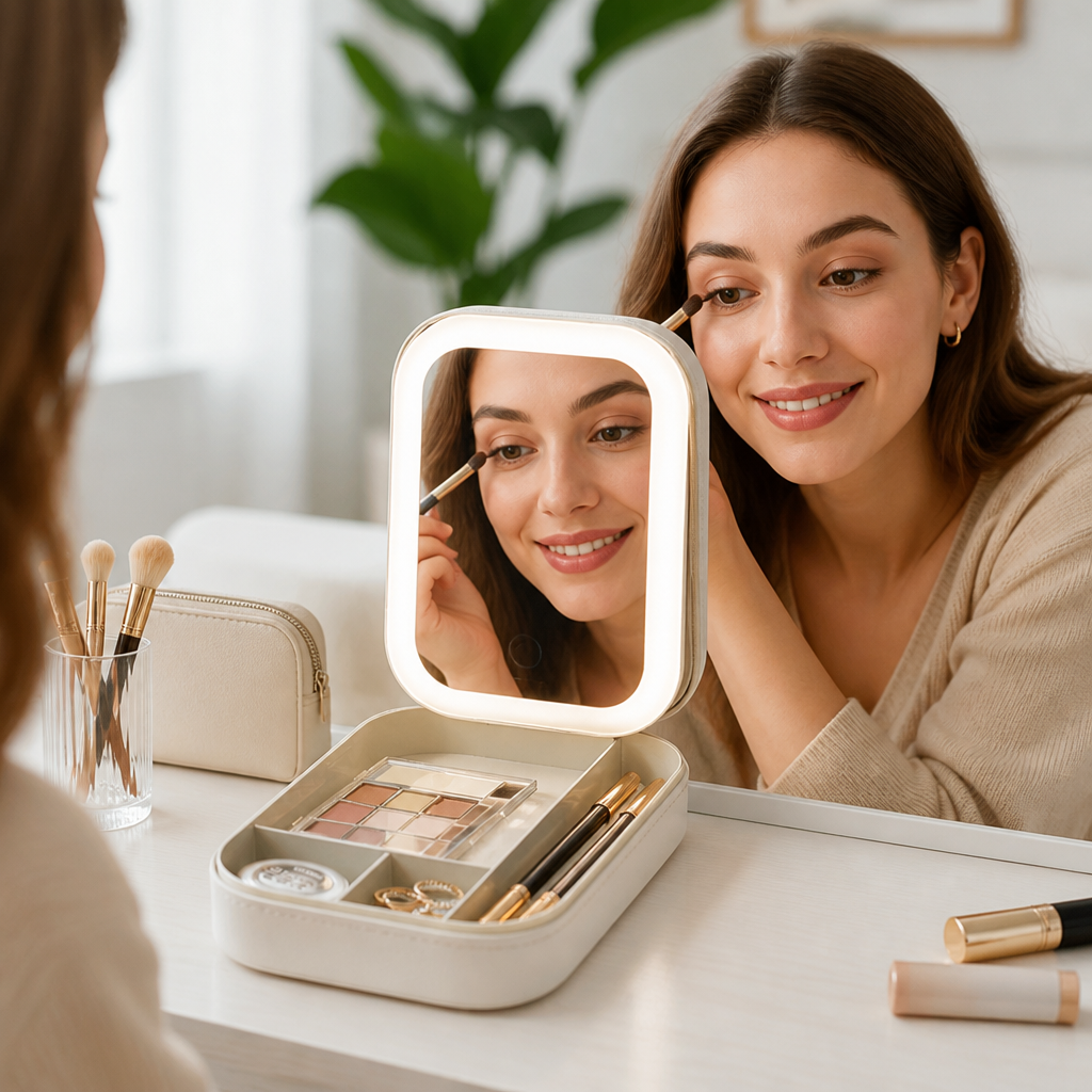 Travel Makeup Case Adjustable LED Mirror Multiple Compartments Waterproof