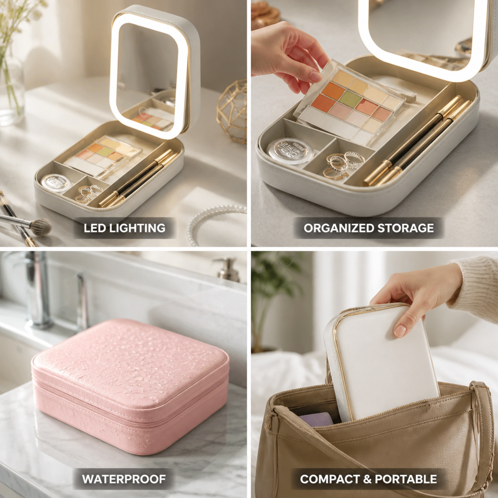 Travel Makeup Case Adjustable LED Mirror Multiple Compartments Waterproof
