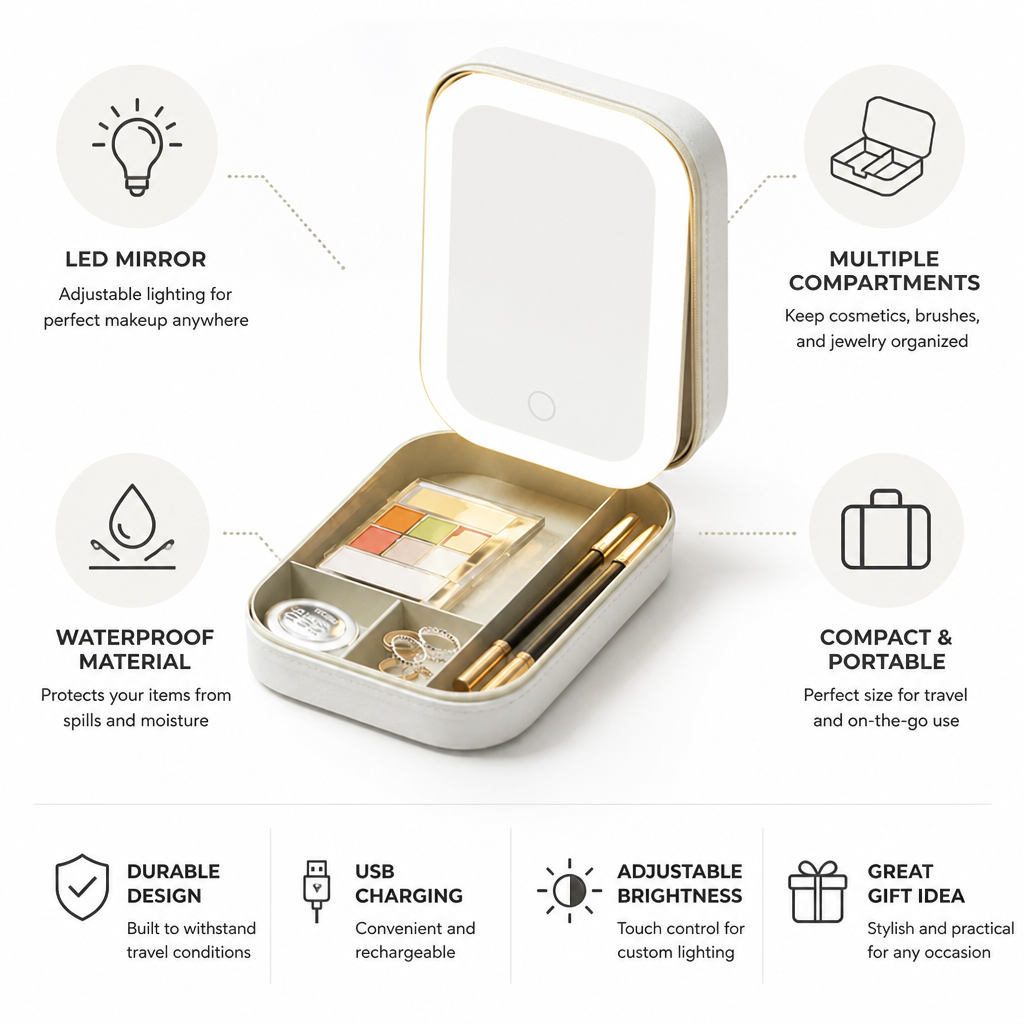 Travel Makeup Case Adjustable LED Mirror Multiple Compartments Waterproof