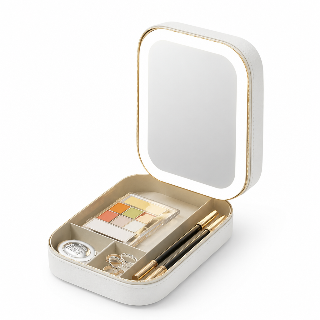 Travel Makeup Case Adjustable LED Mirror Multiple Compartments Waterproof
