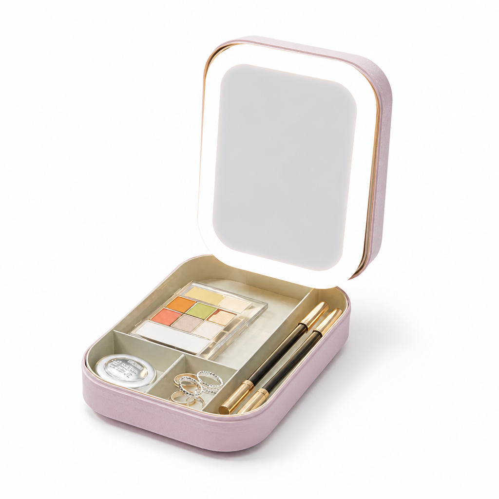 Travel Makeup Case Adjustable LED Mirror Multiple Compartments Waterproof