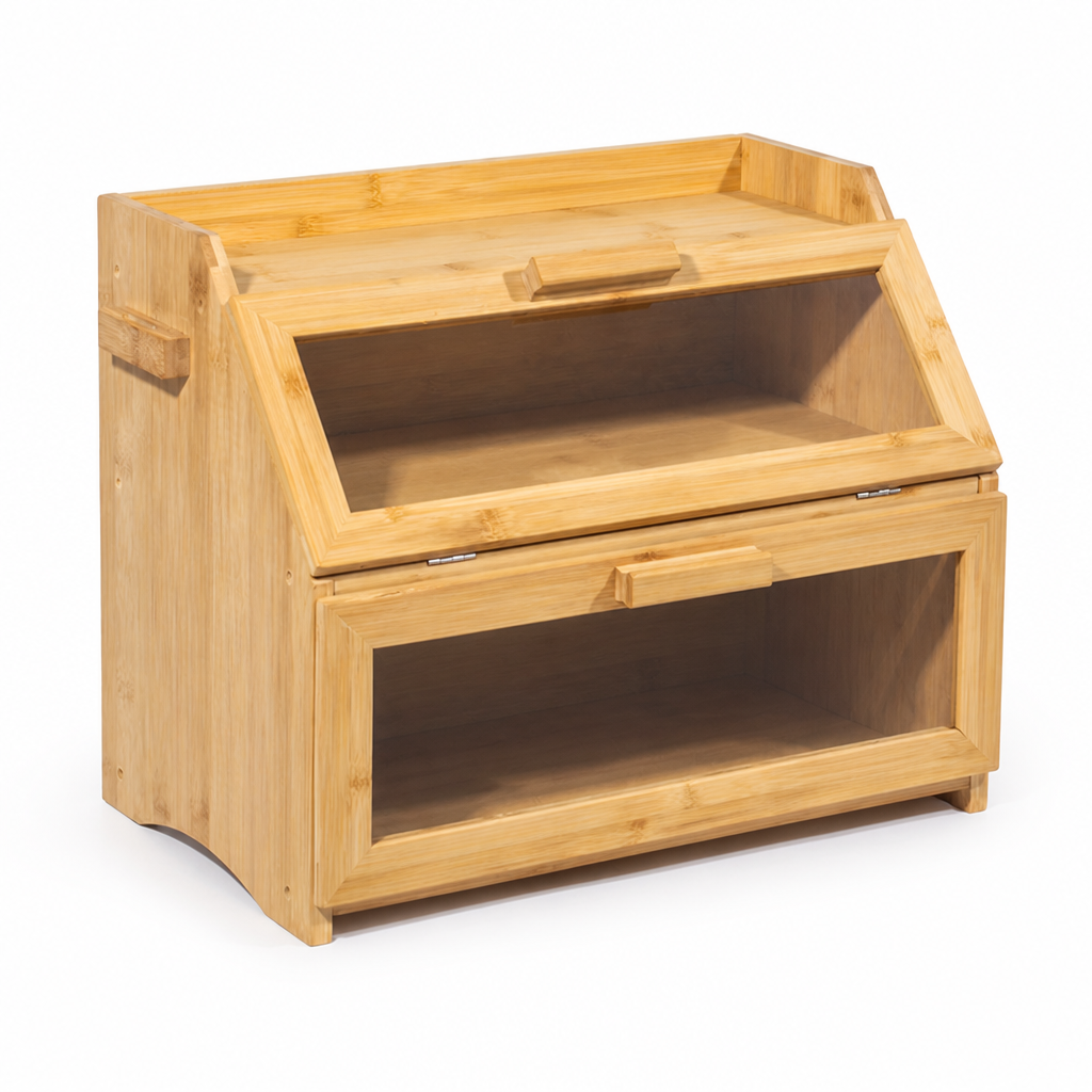 Ventilated Bamboo Bread Box (Double-Shelf With Glass Window)