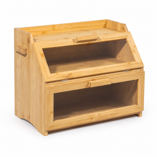 Ventilated Bamboo Bread Box (Double-Shelf With Glass Window)