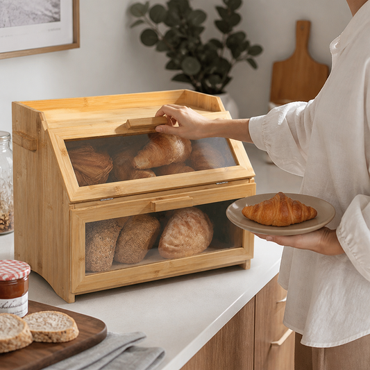 Ventilated Bamboo Bread Box (Double-Shelf With Glass Window)