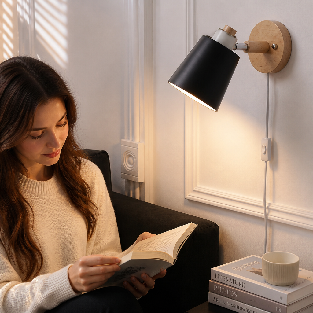 Wall Light Rotatable Shade Wood & Metal Selectable Light Tones