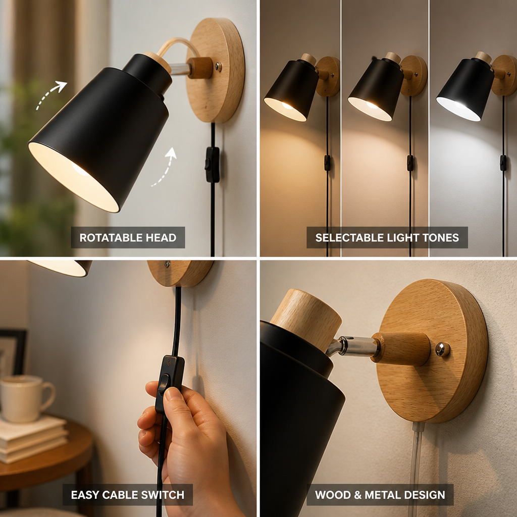 Wall Light Rotatable Shade Wood & Metal Selectable Light Tones
