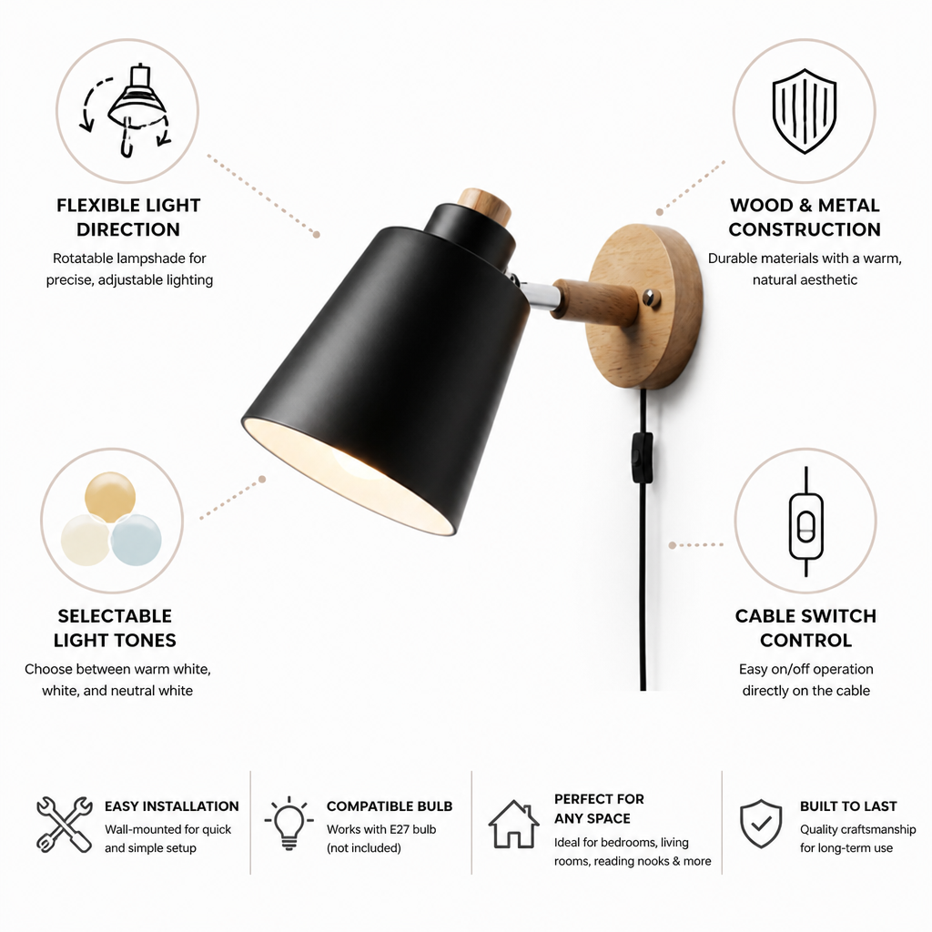Wall Light Rotatable Shade Wood & Metal Selectable Light Tones