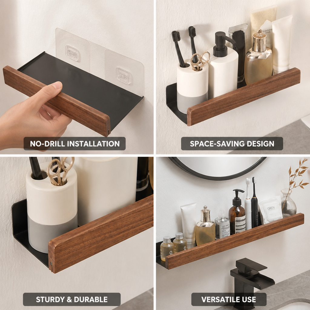 Wall Shelf Wood-Effect No-Drill Space-Saving