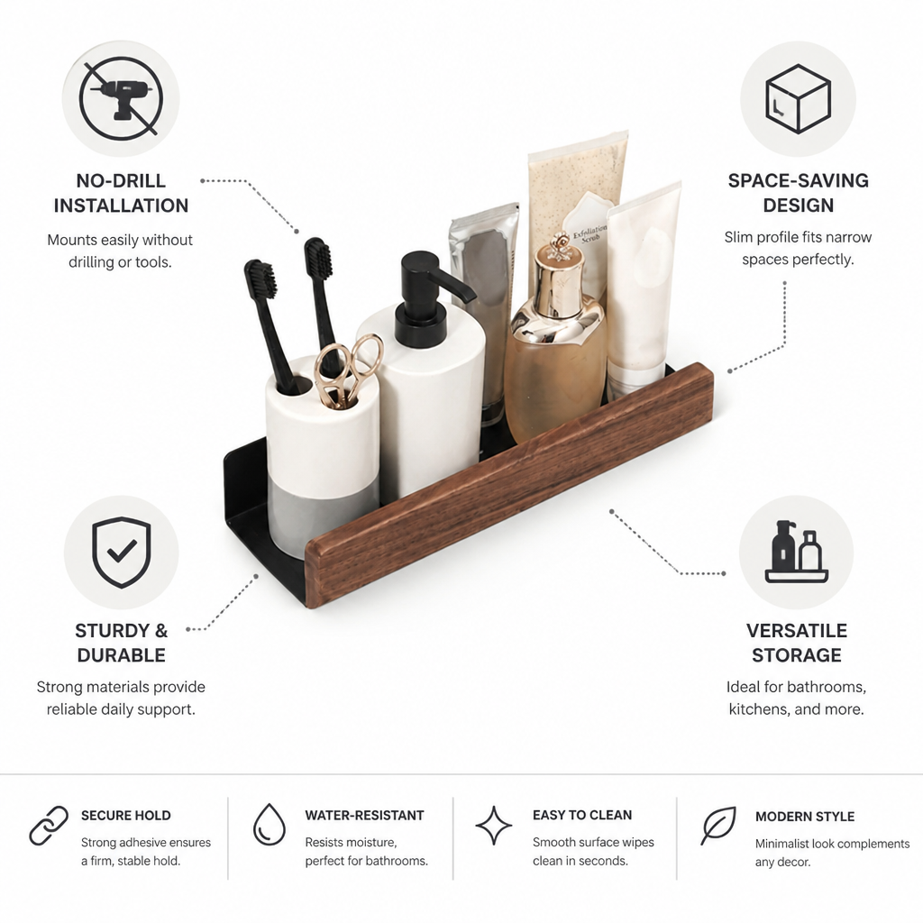 Wall Shelf Wood-Effect No-Drill Space-Saving