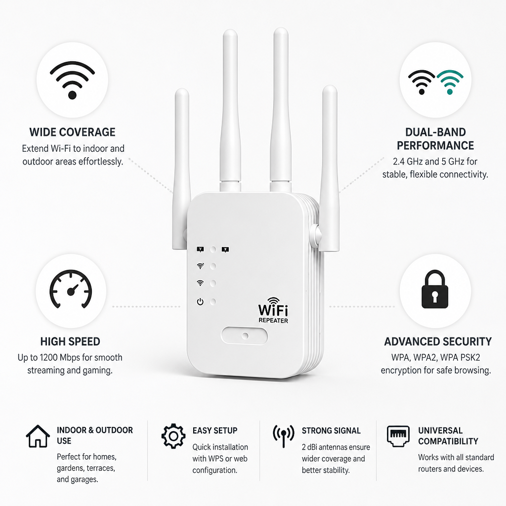 Wi-Fi Extender Dual-Band 1200 Mbps Outdoor Coverage